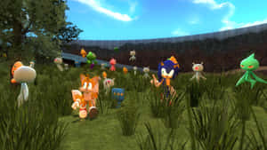 Sonic 和 Tails 穿過高高的草叢，周圍有漂浮的外星生物。 — 音速小子 壁紙
