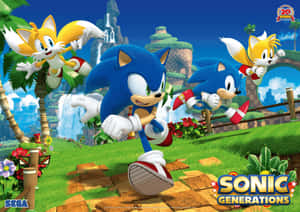 Sonic 和 Tails 在茂密的叢林中穿過瀑布和遺跡飛馳。 — 索尼克 壁紙