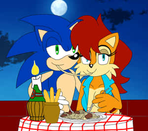 Sonic 和 Tails 在滿月下於燭光餐桌享用義大利麵。 — 音速小子 壁紙