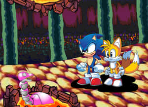 Sonic 和 Tails 在充滿熔岩的洞穴中面對一隻粉紅色機械恐龍。 — 音速小子 壁紙