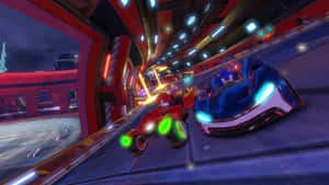 Sonic 和 Tails 駕駛發光卡丁車在霓虹隧道中競速。 — 索尼克 壁紙