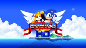 Sonic 和 Tails 在浮島上空飛翔，帶有遊戲標題標誌。 — 音速小子 壁紙