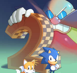 Sonic 和 Tails 面對一個由可怕小丑拿著的巨大數字二。 — 音速小子 壁紙