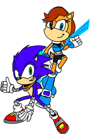 Sonic 和一個女性狐狸角色擺出動作姿勢，手持發光劍。 — 音速小子 壁紙