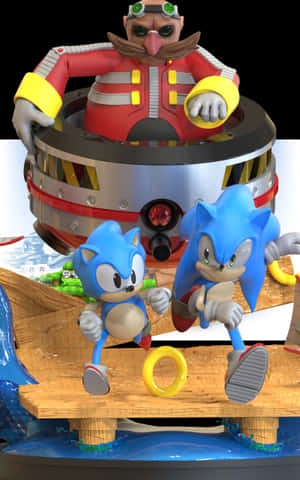 Sonic 和他的兄弟跑過一座橋，而 Dr. Eggman 從他的車輛中觀察。 — Galaxy Tab S10+ 壁紙