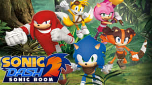 Sonic 和朋友們在電子遊戲場景中穿越叢林飛馳。 — 音速小子 壁紙