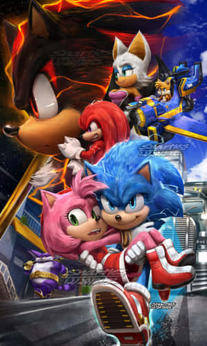 Sonic 和朋友們帶著熾熱的能量和運動效果在城市中飛馳。 — Tecno Megapad 壁紙