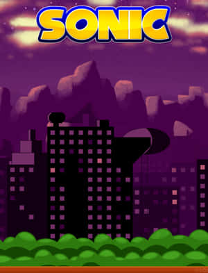 Sonic 標誌在夜間像素化城市上方，帶有紫色天空和綠色灌木。 — iPad Air 13 壁紙