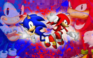 Sonic 與 Knuckles 在色彩繽紛的塗鴉背景上競賽，帶有顏料飛濺。 — 音速小子 壁紙