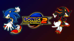 Sonic 與 Shadow the Hedgehog 在 Sonic Adventure 2 標誌旁擺出動作姿勢。 — 音速小子 壁紙