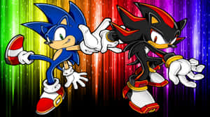 Sonic 與 Shadow the Hedgehog 在色彩繽紛的數位場景中競速。 — 音速小子 壁紙