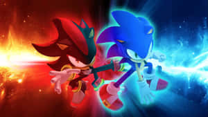 Sonic 與 Shadow 在宇宙戰鬥中，使用紅色與藍色的能量光束。 — 索尼克 壁紙