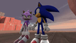 Sonic和Amy在黃昏的木製平台上 — 音速小子 壁紙