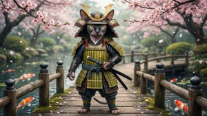 穿著武士鎧甲的斯芬克斯貓在木橋上，有錦鯉和櫻花。