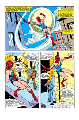 Spider-Girl 在帶有對話氣泡的漫畫格中穿梭城市。 — 女主角 壁紙