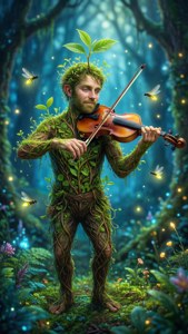 一個多葉的森林生物在神奇的森林中，在發光的螢火蟲之間演奏小提琴。 — 奇幻沼澤 壁紙