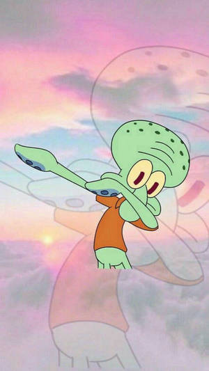 Squidward 在粉彩日落天空下跳舞，背景有發光的太陽和雲朵。 — 有趣美學GIF 壁紙