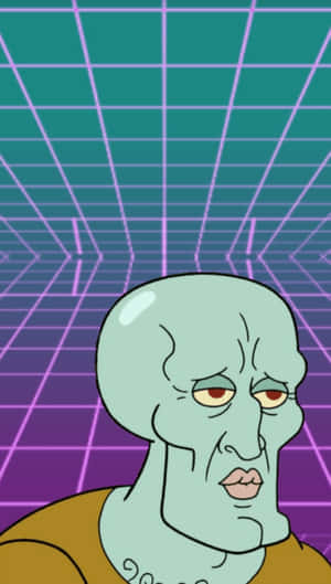 Squidward Tentacles 在復古網格背景中帶著疲憊的表情。 — 卡通 壁紙