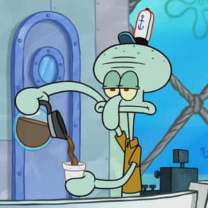 Squidward 在他水下的廚房用無聊的表情倒咖啡。