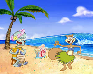 Squidward 打鼓，而 Sandy 穿著草裙在陽光明媚的海灘上，與棕櫚樹和海浪一起跳舞。 — 海灘 壁紙