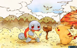 Squirtle 和 Pikachu 在草地上手持木槌，背景有山脈和一隻鳥在頭頂飛翔。 — 可愛寶可夢 壁紙