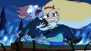Star Butterfly 在夜晚的黑暗森林中與一個發光的怪物戰鬥。 — 星蝶公主 壁紙