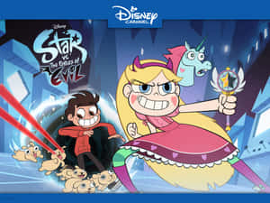Star 和 Marco 在卡通場景中用雷射小狗和魔法杖戰鬥。 — 星蝶公主 壁紙