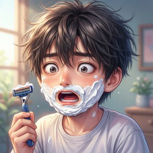 動漫男孩臉上塗著刮鬍膏，在浴室裡拿著剃刀 — 爆音隊 壁紙