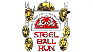 Steel Ball Run 標誌，帶有六個角色肖像和紅色馬標誌。 — 強尼·喬斯達 壁紙