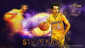 Steve Nash 身穿湖人球衣，手持籃球，背景為發光的紫色和金色。 — 波士頓塞爾提克 壁紙