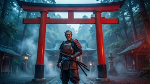 身穿傳統盔甲的武士戰士，在黎明時分站在霧氣瀰漫的日本神社中一座紅色的鳥居下。