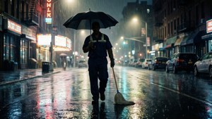 街道清潔工拿著拖把和雨傘，在夜間雨中的城市霓虹燈下行走。
