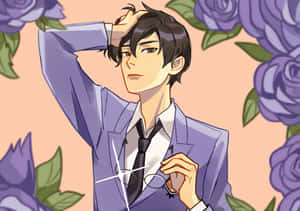 動漫男子穿著紫色西裝，在紫色玫瑰中戴著眼鏡。 — 火影忍者 卡卡西 壁紙