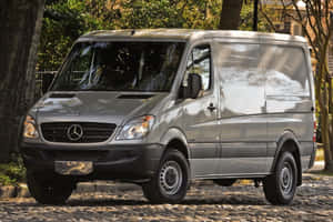 銀色梅賽德斯-奔馳 Sprinter 客貨車停放在鵝卵石街道上，旁邊有樹木 — Mercedes Benz C300 壁紙