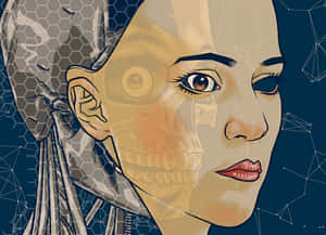 一個女性面孔，左側覆蓋著骷髏頭和六邊形圖案。 — 機器人 壁紙