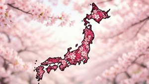日本地圖裝飾著櫻花，背景是模糊的花卉。