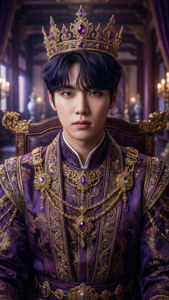 Suho 頭戴王冠、身坐王座，威嚴莊重，氣勢非凡