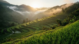 陽光穿透薄霧，灑落在山坡上的梯田上。