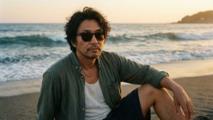一名戴著太陽眼鏡的男子在日落時分坐在海灘上，伴隨著海浪。