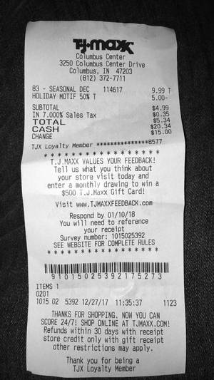 T.J.Maxx 收據，附有購物詳細資訊和忠誠計畫資訊。 — 比爾 壁紙