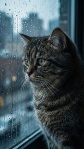 虎斑貓從雨痕斑斑的窗戶望向城市燈光