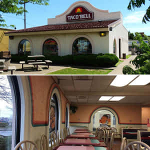 Taco Bell 餐廳外觀和內部，設有拱形窗戶和紅色桌子。 — 塔可 壁紙