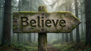 在迷霧森林中，一個風化的木製標誌，上面寫著「Believe」，覆蓋著苔蘚。