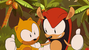 Tails 和 Knuckles 在叢林環境中微笑並豎起大拇指。 — 夜魔俠 壁紙