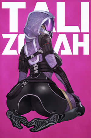 Tali Zorah 穿著盔甲跪著，背後有粗體文字。 — Oppo Pad Mini 壁紙