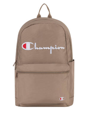 Tan Champion 後背包，附有標誌和拉鍊口袋。 — 4:5 壁紙