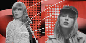 Taylor Swift 以兩種黑白姿勢呈現於紅色圖形背景前。 — 泰勒絲 壁紙