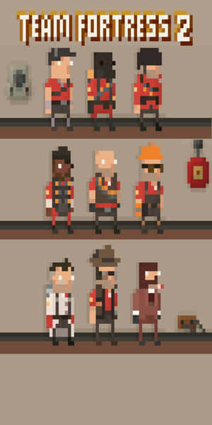 《Team Fortress 2》像素藝術角色在米色牆前排成行。 — 電玩遊戲 GIF 壁紙