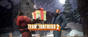士兵在《Team Fortress 2》遊戲的積雪夜晚場景中贈送禮物。 — 3440x1440 壁紙