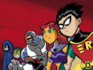 Teen Titans 超級英雄團隊在紅色背景下擺出動作姿勢 — 動畫卡通 壁紙